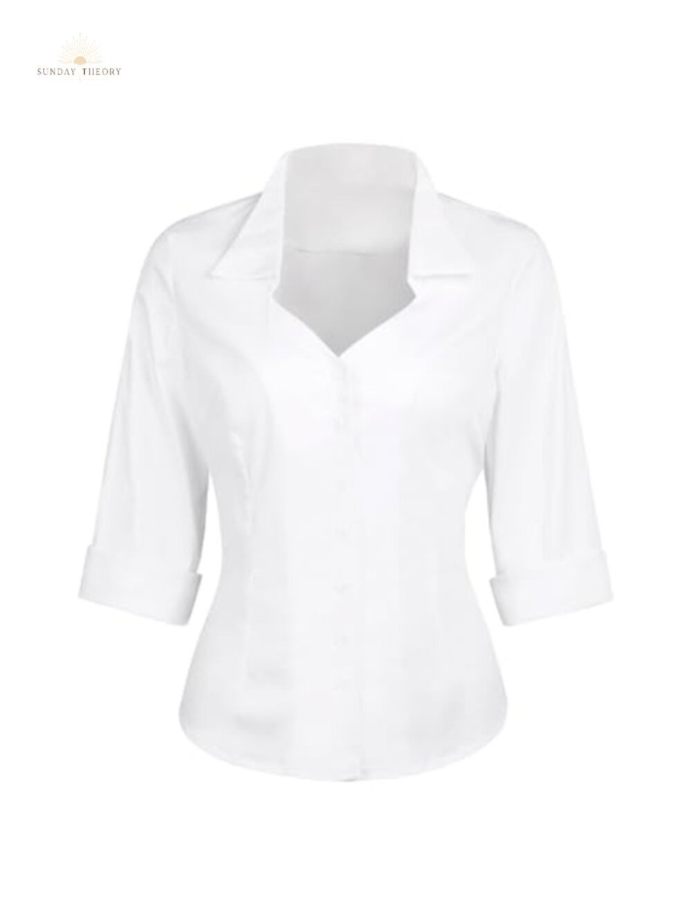 Women's Cotton Button Down Blouse 3/4 Sleeve V-Neck Work Shirt